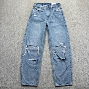 Gap Barrel High Rise Jeans Size 24/00R Blue Denim Light Indigo Distressed Ripped